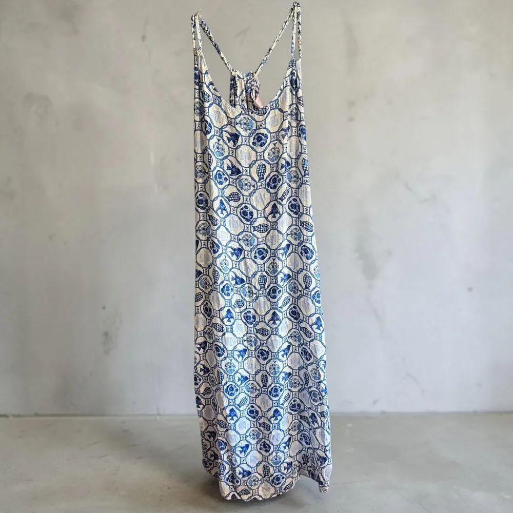 Isaac Mizrahi New York Linen Blend Maxi Dress NWT Blue White